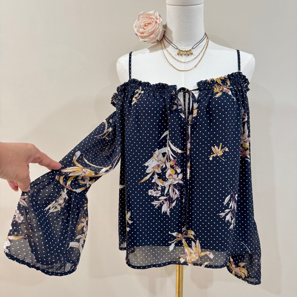 Polka Dot Floral Bell Sleeve Open Shoulder Top Size M Flowy Boho Chic